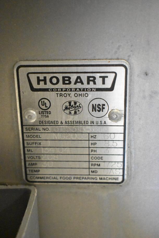 Hobart MG2032 commercial meat mixer grinder label, showing 208V, 3-phase, 8.5 HP, UL, NSF certified.