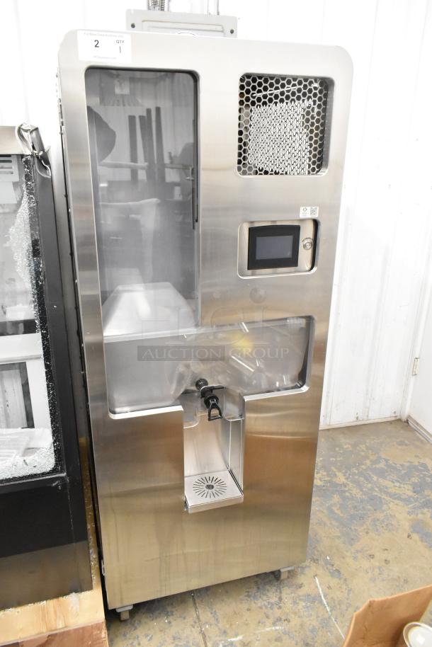 Stainless steel JBT 2ND-GEN-MFJ-HE citrus juicer, commercial floor style, on casters, 120V, 1 phase, touchscreen panel.