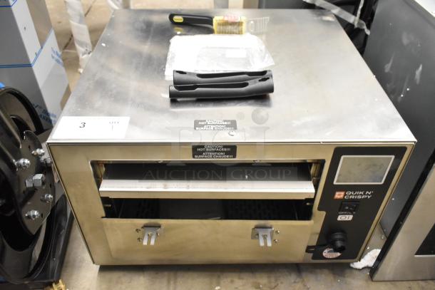 QNC GFII Stainless Steel Commercial Ventless Fryer, 208/240V, 1 Phase. Includes control panel, warning labels visible.