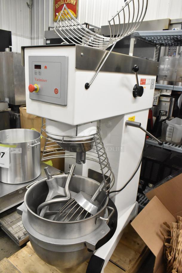 2021 Varimixer V80A 80-quart commercial dough mixer with bowl, guard, hook, whisk, paddle; 208V, 3-phase.