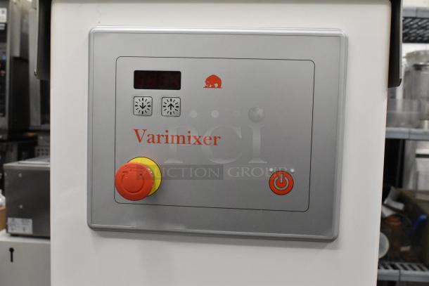 2021 Varimixer V80A control panel of commercial 80-quart dough mixer, featuring emergency stop and power buttons.