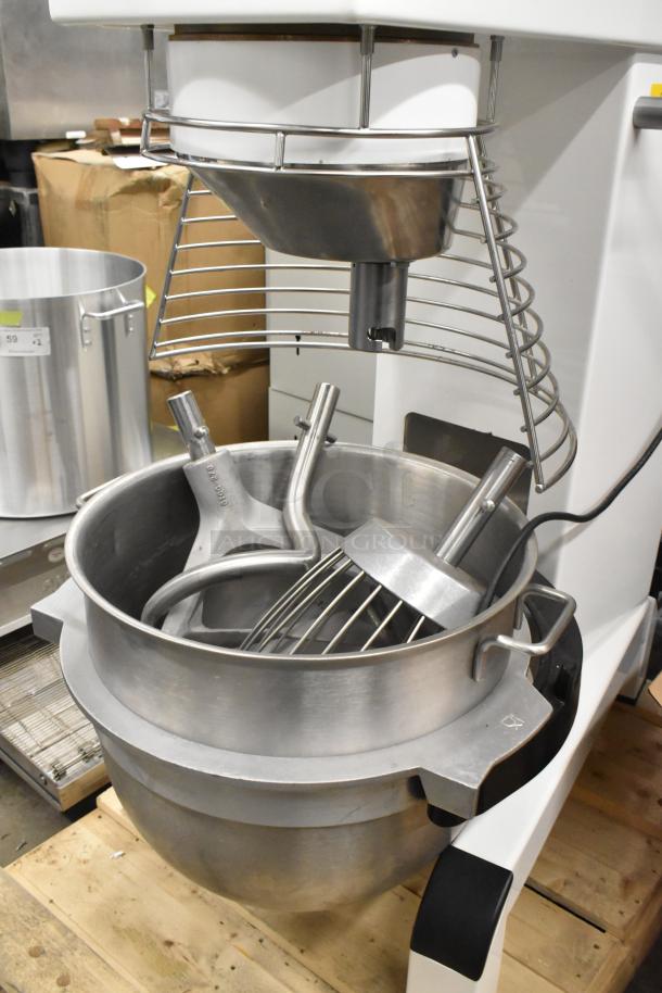 2021 Varimixer V80A 80 Qt Planetary Dough Mixer, includes mixing bowl, bowl guard, dough hook, whisk, and paddle.