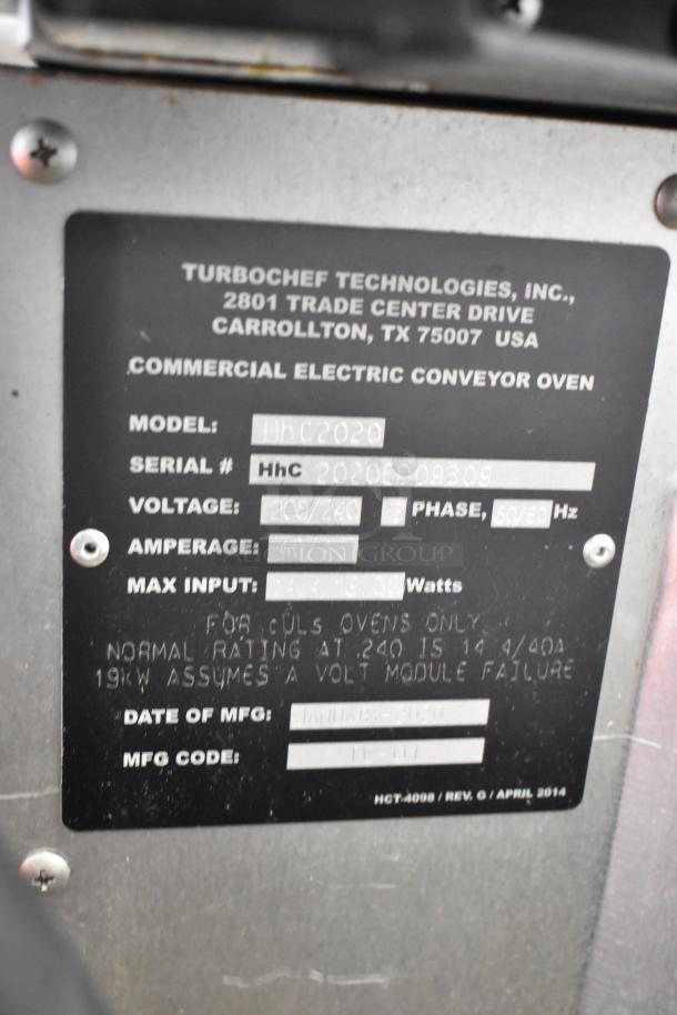 Turbochef HhC2020 commercial electric conveyor oven label, model details, 208/240 volts, 3 phase, serial HhC2020E009309.