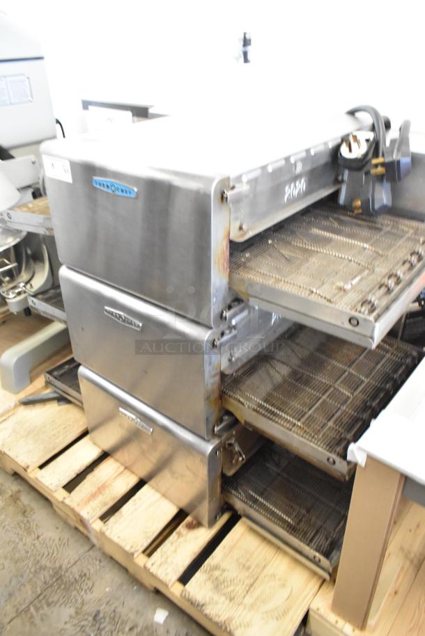 Three Turbochef HhC2020 commercial electric rapid cook conveyor ovens, 208/240V, 3-phase, stainless steel, used condition.