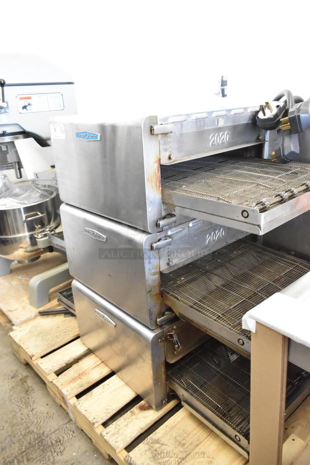 3 Turbochef HhC2020 conveyor ovens on pallet, 208/240V, 3-phase, minor wear, stainless steel, rapid cook, commercial use.