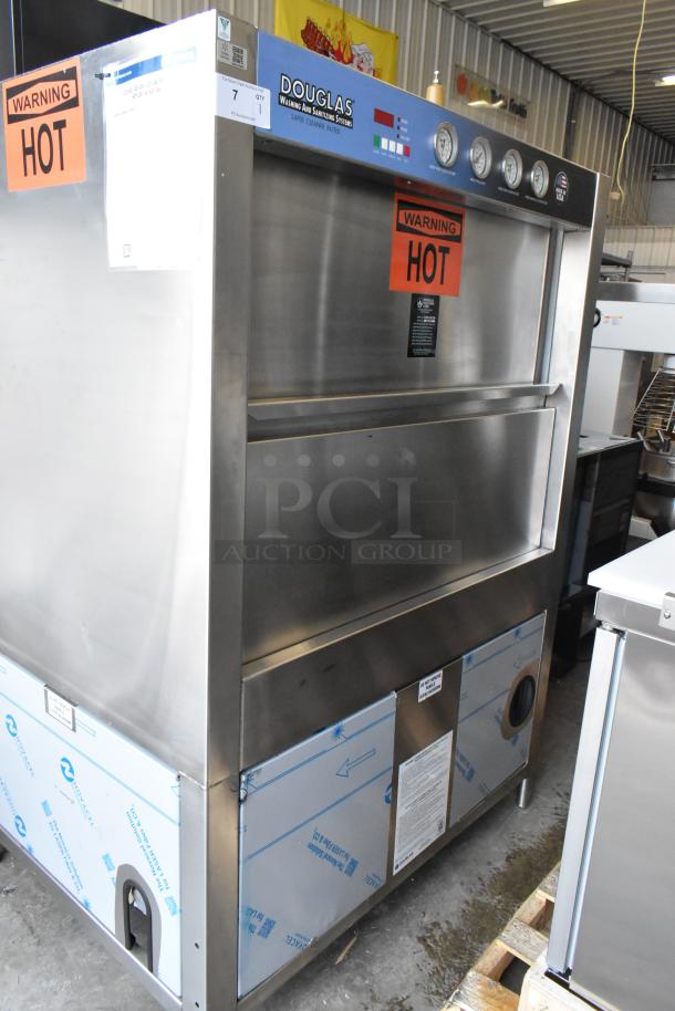Douglas SD-20-IREL commercial front load pot and pan washer, 480 volts, 3 phase. Stainless steel, warning labels visible.