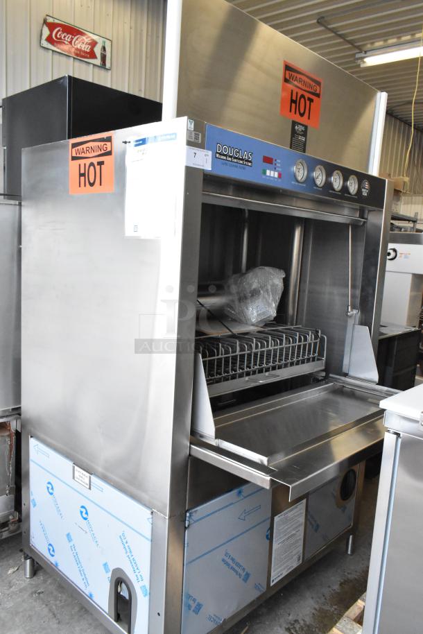 Douglas SD-20-IREL commercial pot and pan washer, stainless steel, front load, 480V, 3 phase, condition: good, warning labels visible.