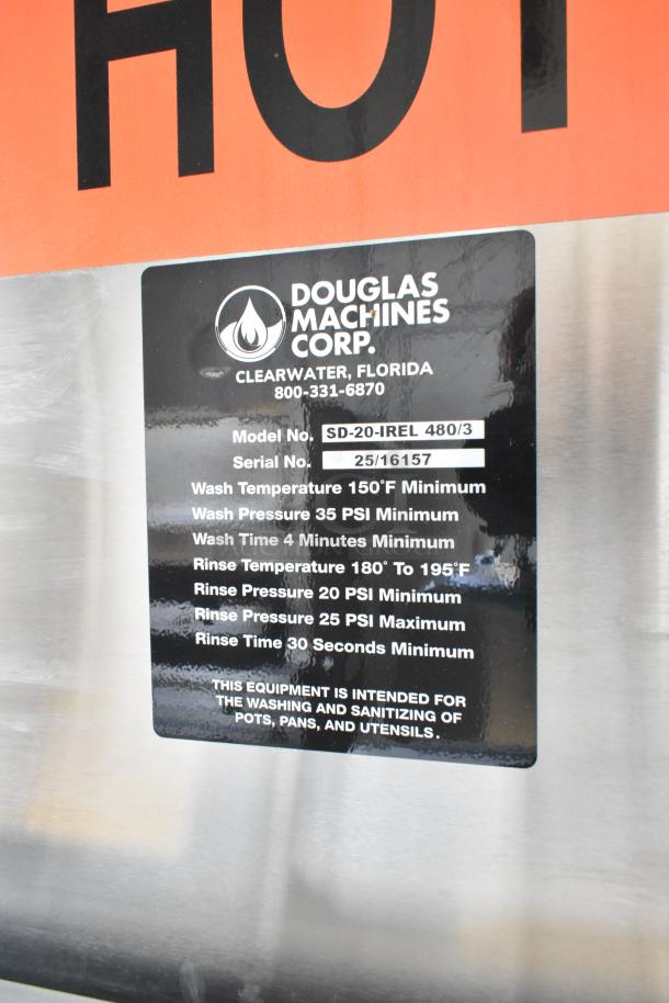Douglas SD-20-IREL pot and pan washer, 480V, 3 Phase. Features visible label with model, serial number, and operating specs.
