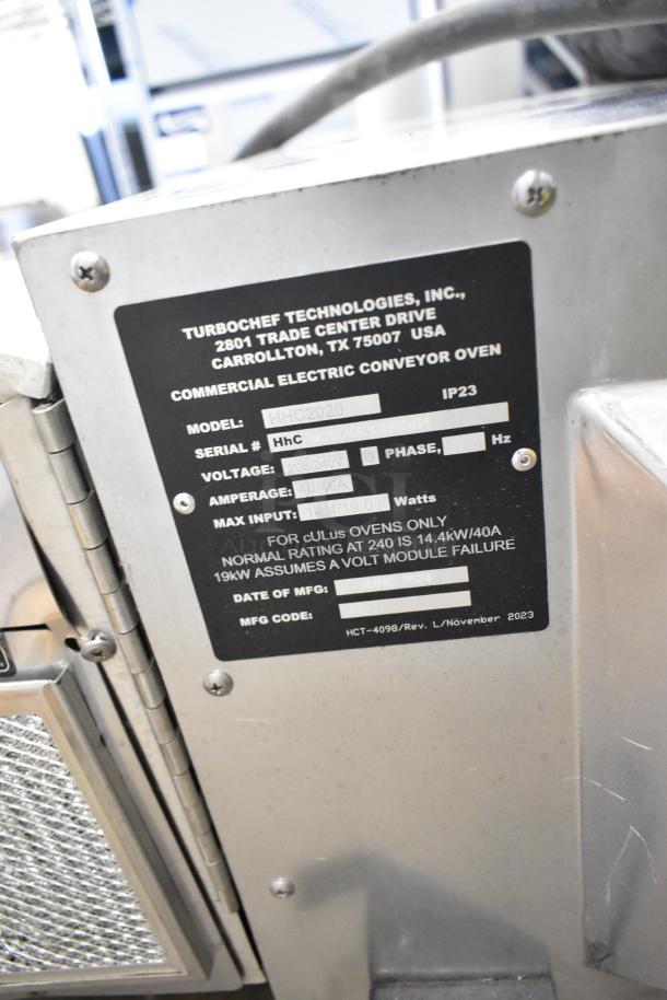 2024 Turbochef HhC2020 Rapid Cook Conveyor Oven, 208/240V, 3 Phase; label detailing specifications visible.