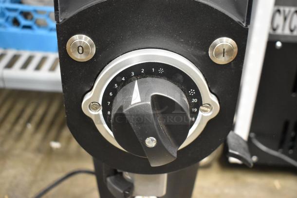 2025 Mahlkonig Guatemala coffee grinder, black with adjustment dial. Hemro make. 120V, 1-phase, 2 lb. capacity.