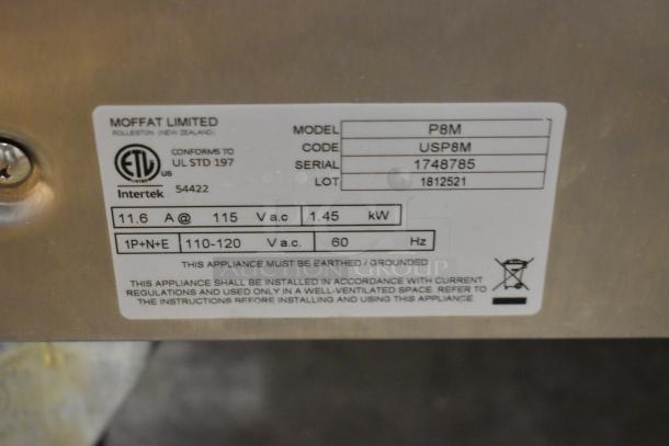 Moffat P8M Turbofan heated cabinet label showing model, serial number, and electrical specifications.