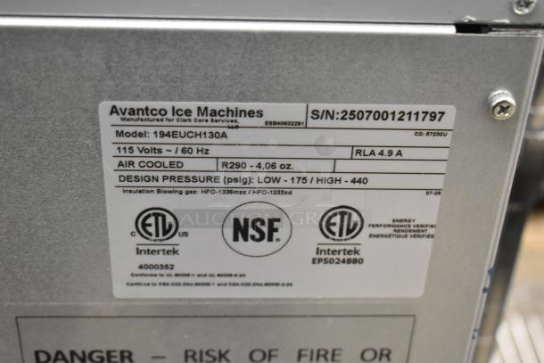 Alt Text: Close-up of label on Avantco 194EUCH130A ice machine showing model details, 115 volts, air-cooled, and NSF certification.