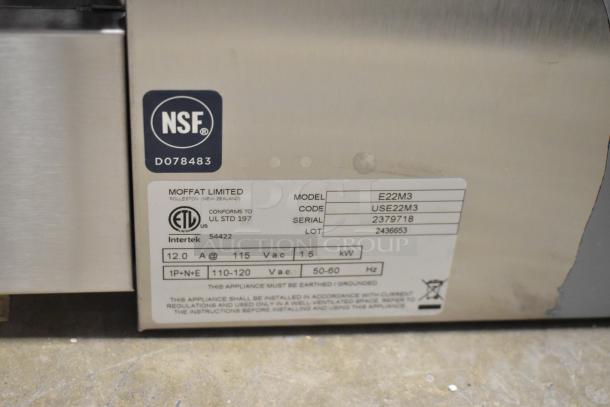 Moffat E22M3 Turbofan convection oven label with model, serial number 2379718, and NSF/ETL certifications.