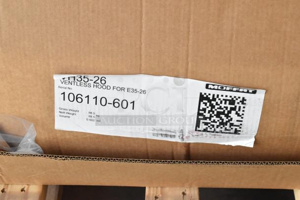 Brand new Moffat VHIK35 ventless hood for E35D6-26, with 3-stage filtration. Slight box damage visible, serial 106110-601.