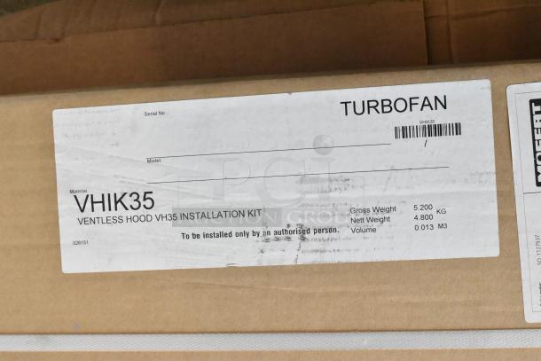 Moffat VHIK35 ventless hood installation kit in original packaging, labeled for E35D6-26/E35T6-26, includes 3-stage filtration.