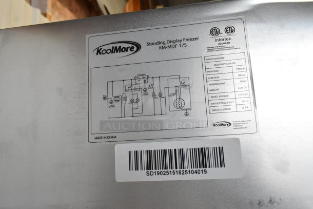 KoolMore KM-MDF-17S standing display freezer, new scratch and dent model, 6.5 cu. ft. capacity, 115V, manual defrost.