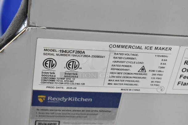 Brand new Avantco 194UCF280A stainless steel ice machine. Scratch and dent model, 299 lb capacity, 115V, 1 Phase.