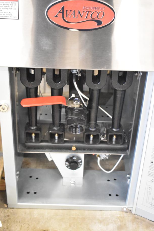 Brand new Avantco 177FF50L commercial deep fat fryer, propane gas powered, 120,000 BTU, with 2 metal fry baskets, minor scratches.
