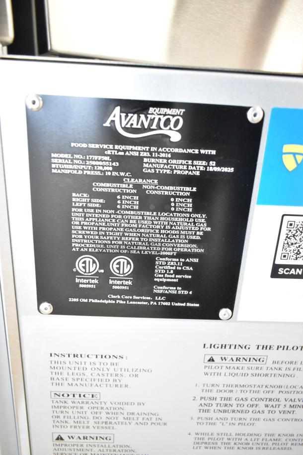 Brand new 2025 Avantco 177FF50L commercial propane deep fryer, 120,000 BTU, includes 2 metal baskets.