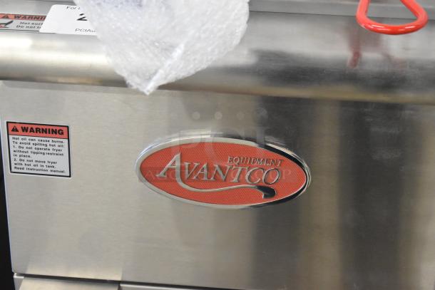 Brand new Avantco 177FF50L commercial propane fryer, 120,000 BTU, includes 2 metal fry baskets. "Warning" label visible.