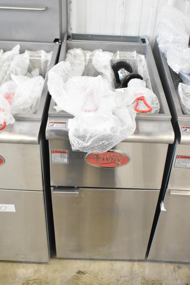 Brand new 2025 Avantco 177FF50L propane gas deep fat fryer, 120,000 BTU, with 2 metal fry baskets, wrapped in protective packaging.
