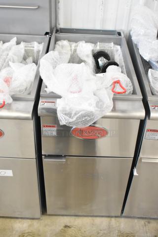 Brand new 2025 Avantco 177FF50L propane gas deep fat fryer, 120,000 BTU, with 2 metal fry baskets, wrapped in protective packaging.