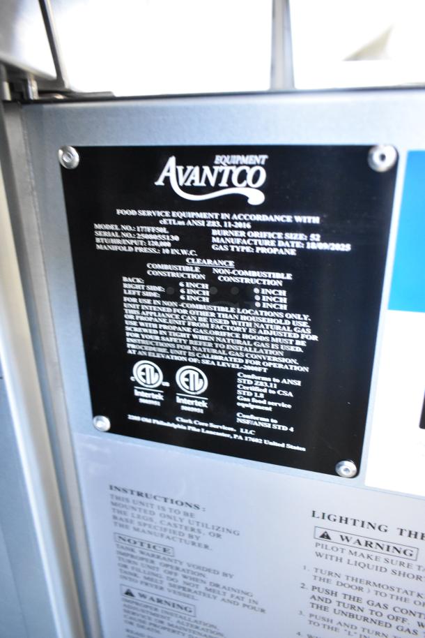 Alt text: Avantco 177FF50L fryer label showing model, serial number, and specifications, indicating propane gas usage, 120,000 BTU.
