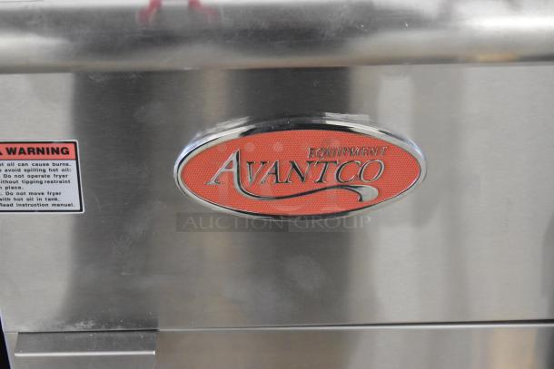 Brand new Avantco 177FF50L propane fryer with 2 baskets, 120,000 BTU. Stainless steel body with warning label and logo.