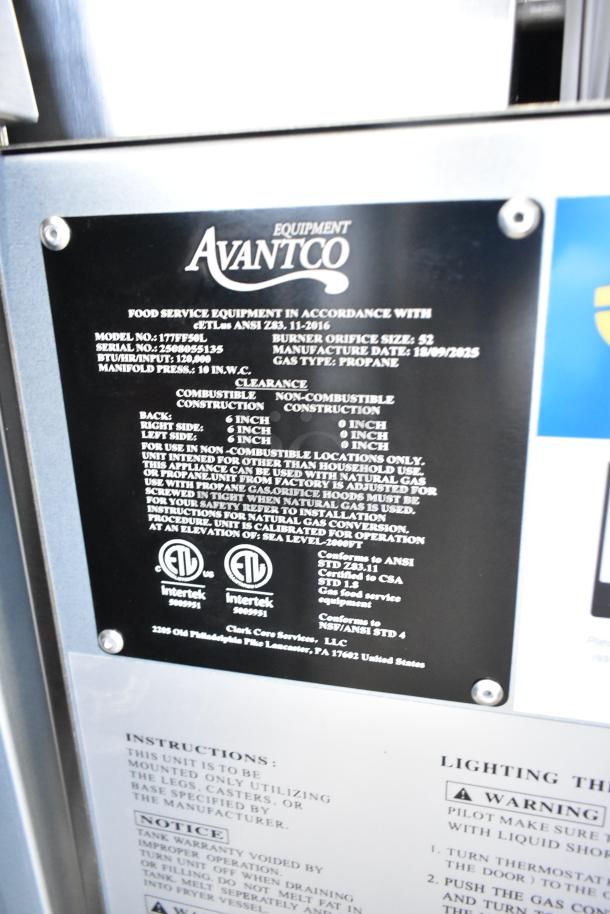 Brand new Avantco 177FF50L commercial fryer, propane gas, 120,000 BTU, label shows model, gas type, and standards compliance.