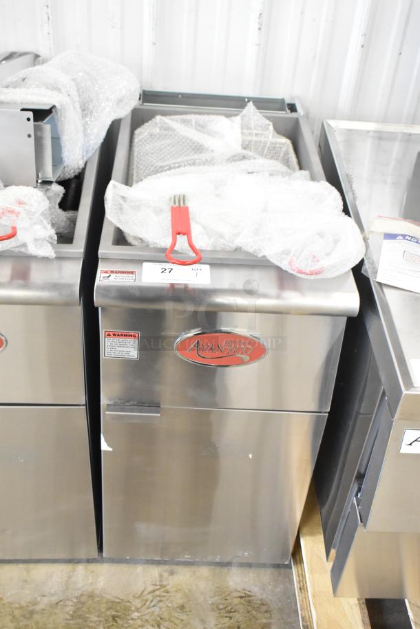 Brand new Avantco 177FF50L propane gas fryer with two metal baskets, 120,000 BTU, minor scratches and dents, labeled.