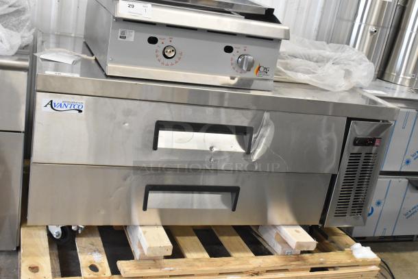 Brand new Avantco 178CBE52HC commercial chef base with two drawers, scratches, dents, on casters, 115 volts, 1 phase.