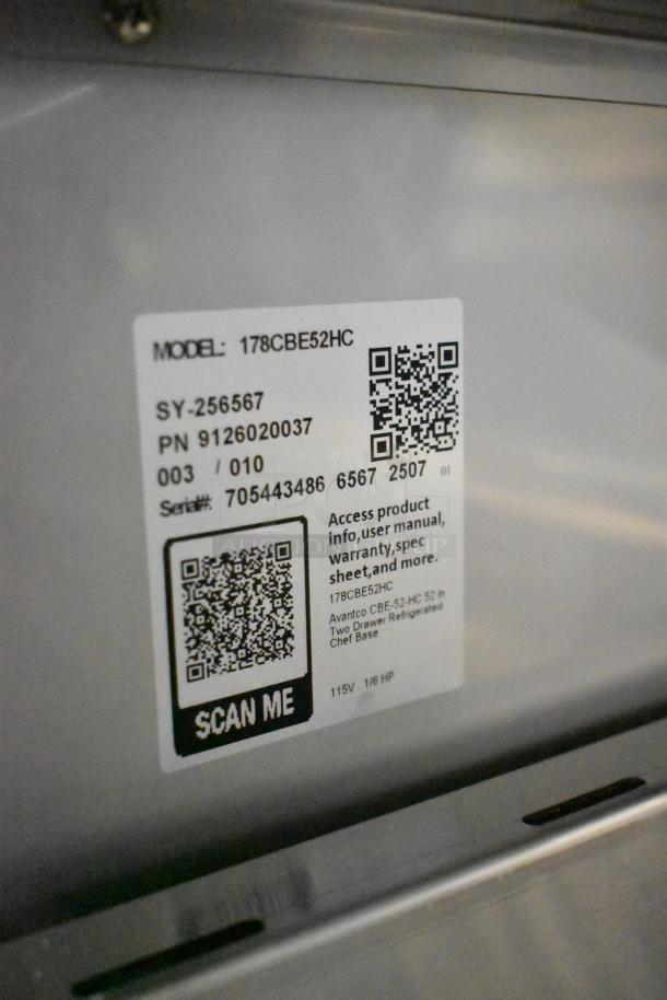 QR code and label on Avantco 178CBE52HC Chef Base. Includes model, serial number, and product access info.