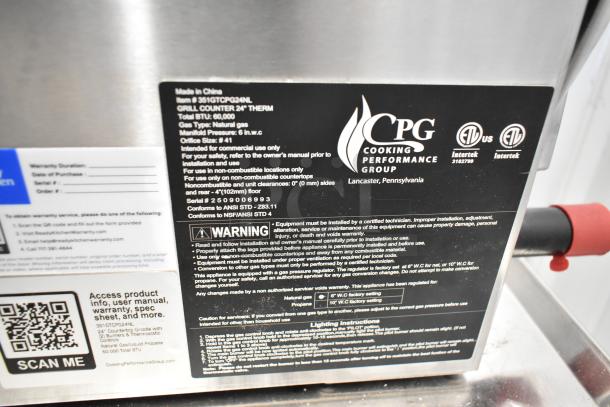 BRAND NEW 2025 CPG 351GTCPG24NL Commercial Gas Griddle, 60,000 BTU, thermostatic, flat top, natural gas, with labels.