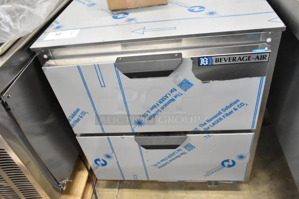 Brand new Beverage Air stainless steel 2-drawer undercounter cooler, 115 volts, 1 phase, with minor scratches and dents.
