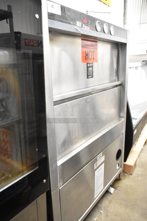 Douglas SD-20-ELEL commercial pot and pan washer, stainless steel, front load, with visible warning labels, sturdy condition.