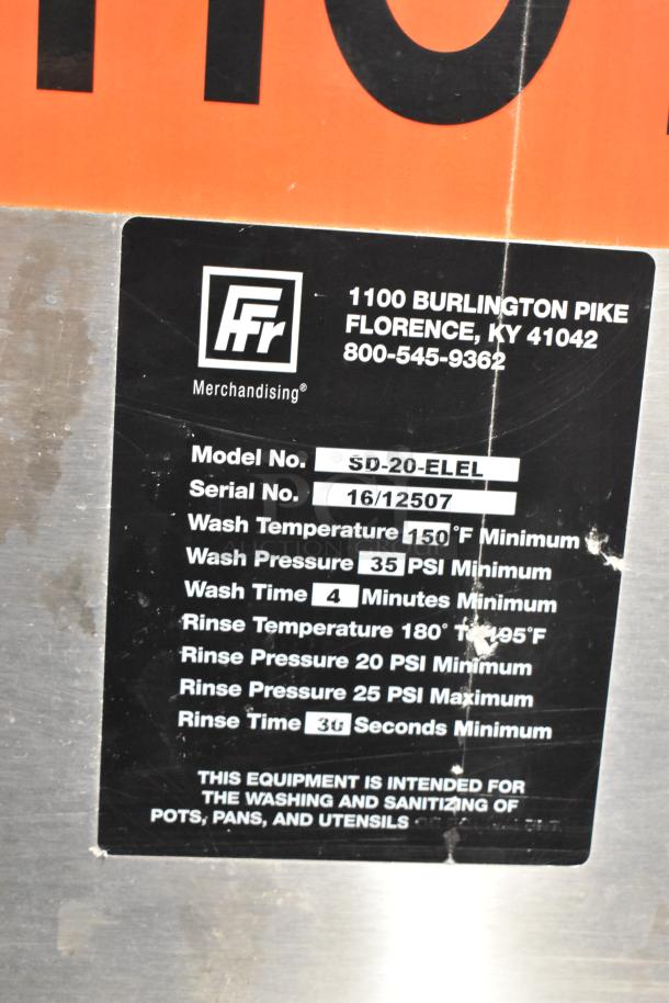 Douglas SD-20-ELEL Commercial Front Load Pot and Pan Washer, Model No. SD-20-ELEL, Serial No. 16/12507. Wash temp: 150°F min, pressure: 35 PSI min, time: 4 mins min. Rinse temp: 180°F-195°F, pressure: 20-25 PSI, time: 30 secs min.