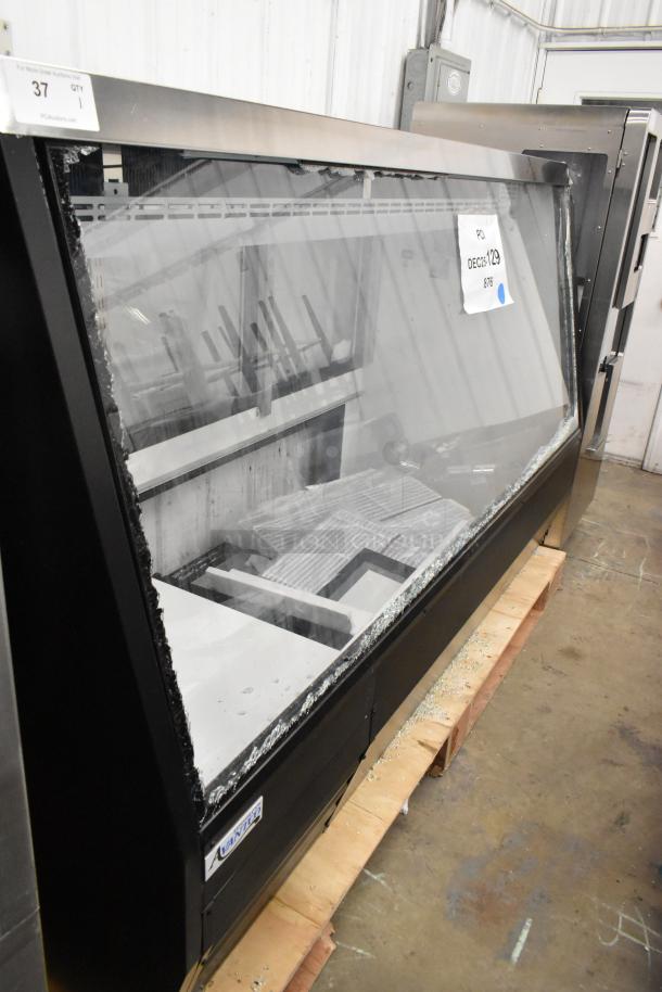 Avantco 178DDLC84B 84" black deli case with square glass, refrigerated double-duty, 115V, glass damage visible.