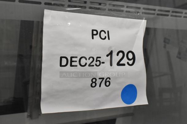 Brand new Avantco 178DDLC84B refrigerated deli case with glass damage. Model tag shows "PCI DEC25-129 876" in black text on white paper.