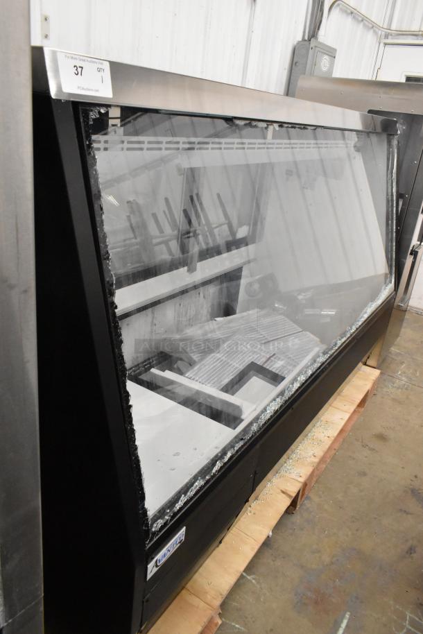 Brand new Avantco 178DDLC84B 84" deli case with glass damage visible. Black finish, refrigerated, 115V, 1 Phase.