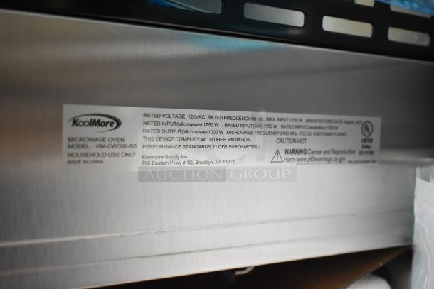 Brand new KoolMore KM-CWO30-SS microwave label showing specifications: 120VAC, 1.6 cu. ft., convection, air fryer.