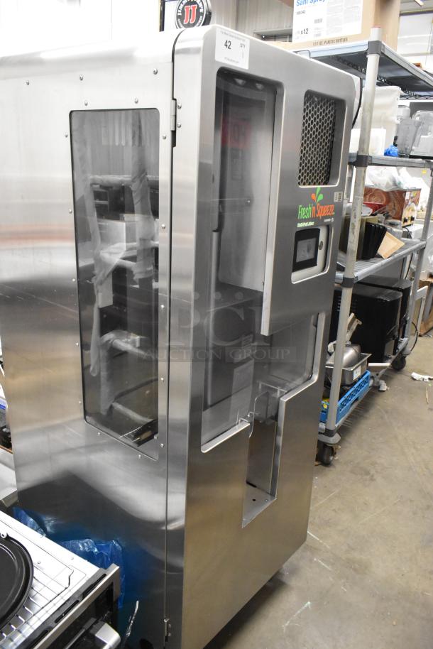 JBT 2ND-GEN-MFJ-HE Fresh N Squeeze citrus juicer on casters, stainless steel, floor style, 120V, commercial-grade.