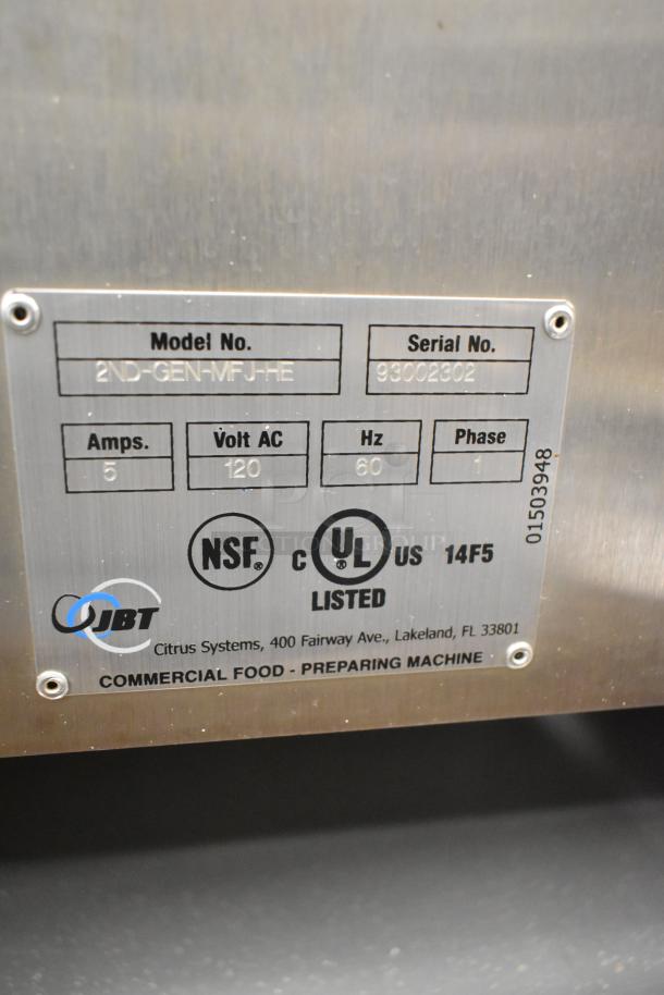 JBT 2ND-GEN-MFJ-HE citrus juicer label showing model, serial number, 120V, 1 phase, NSF and UL listed for commercial use.