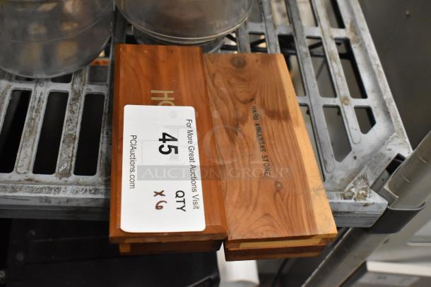 6 Various items including wooden sharpening stones labeled "Hard Arkansas Stone," with auction tag indicating quantity x6.