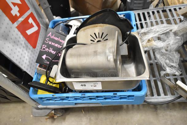 Lot of various items including a stainless steel bin, timer, and poly dish caddy. Items appear used. Label: "48 QTY V lot".