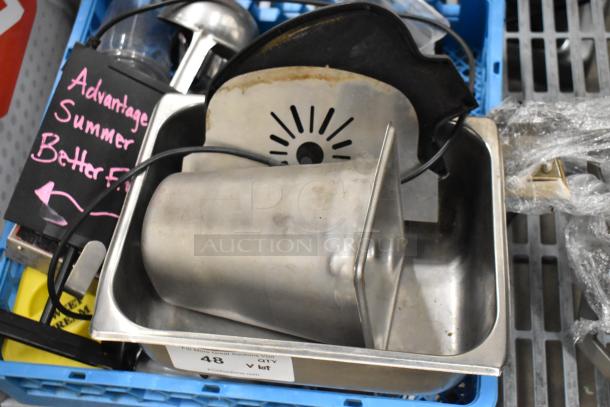 Lot of various items including stainless steel bin, black timer, and poly dish caddy in mixed condition. Visible label: "48 QTY lot".