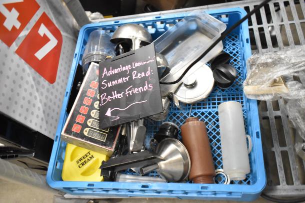 Lot of various items in a blue crate, including a stainless steel bin, timer, and poly dish caddy with assorted tools.