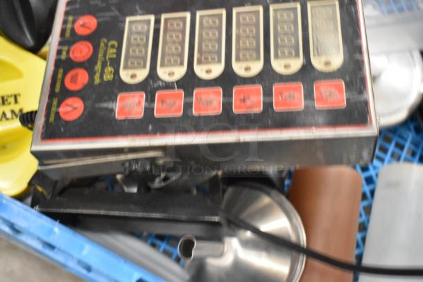 Lot of items including a stainless steel bin, digital timer with a CAL-88 label, and a poly dish caddy, fair condition.