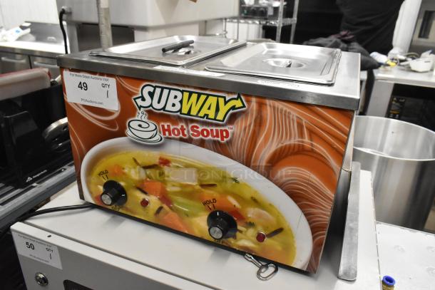 Duke CSW-2-T-AM Countertop 2 Well Food Warmer for Subway, 120V, 1 Phase, with soup graphics and adjustable heat controls.