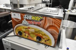 Duke CSW-2-T-AM Countertop 2 Well Food Warmer for Subway, 120V, 1 Phase, with soup graphics and adjustable heat controls.
