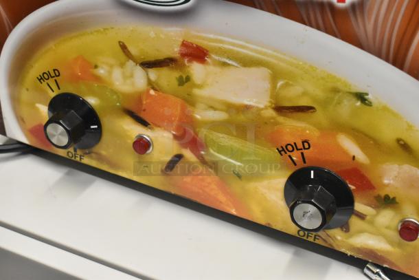 Duke CSW-2-T-AM Countertop 2 Well Food Warmer, 120V. Features hold/off dials and indicator lights.